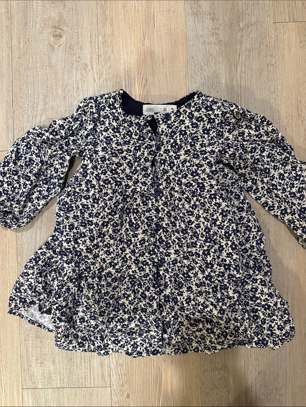 Zara Cream and Navy Floral Button-Front Blouse